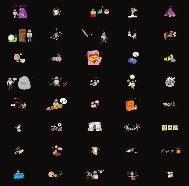 Scene plates of the same animated character, one cell per scene, in a grid
